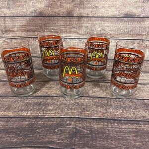 Vintage McDonald's Coca-Cola Stained Glass Maple Leaf Drinking Glasses Set of 5